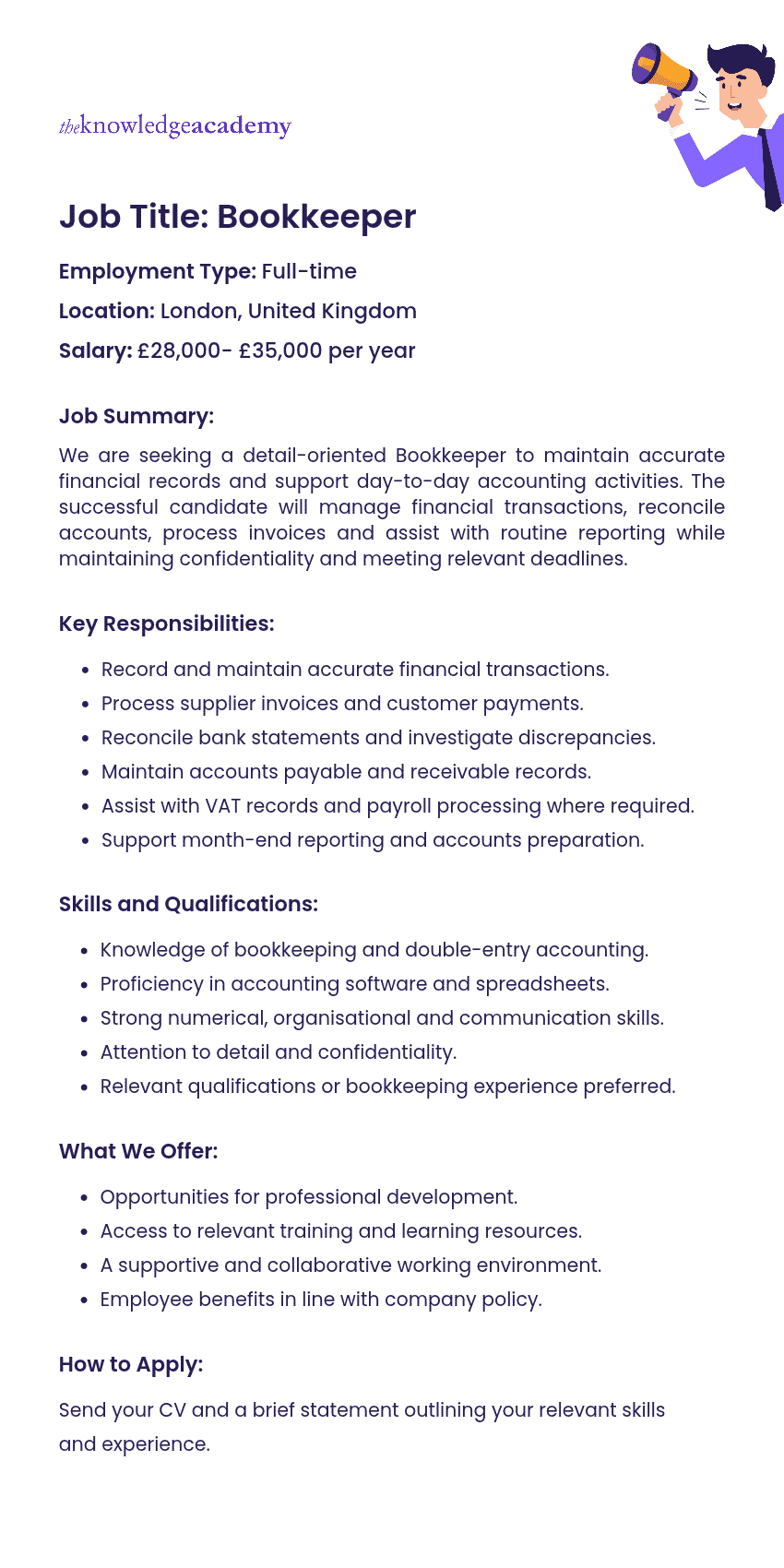Bookkeeper Job Description Example