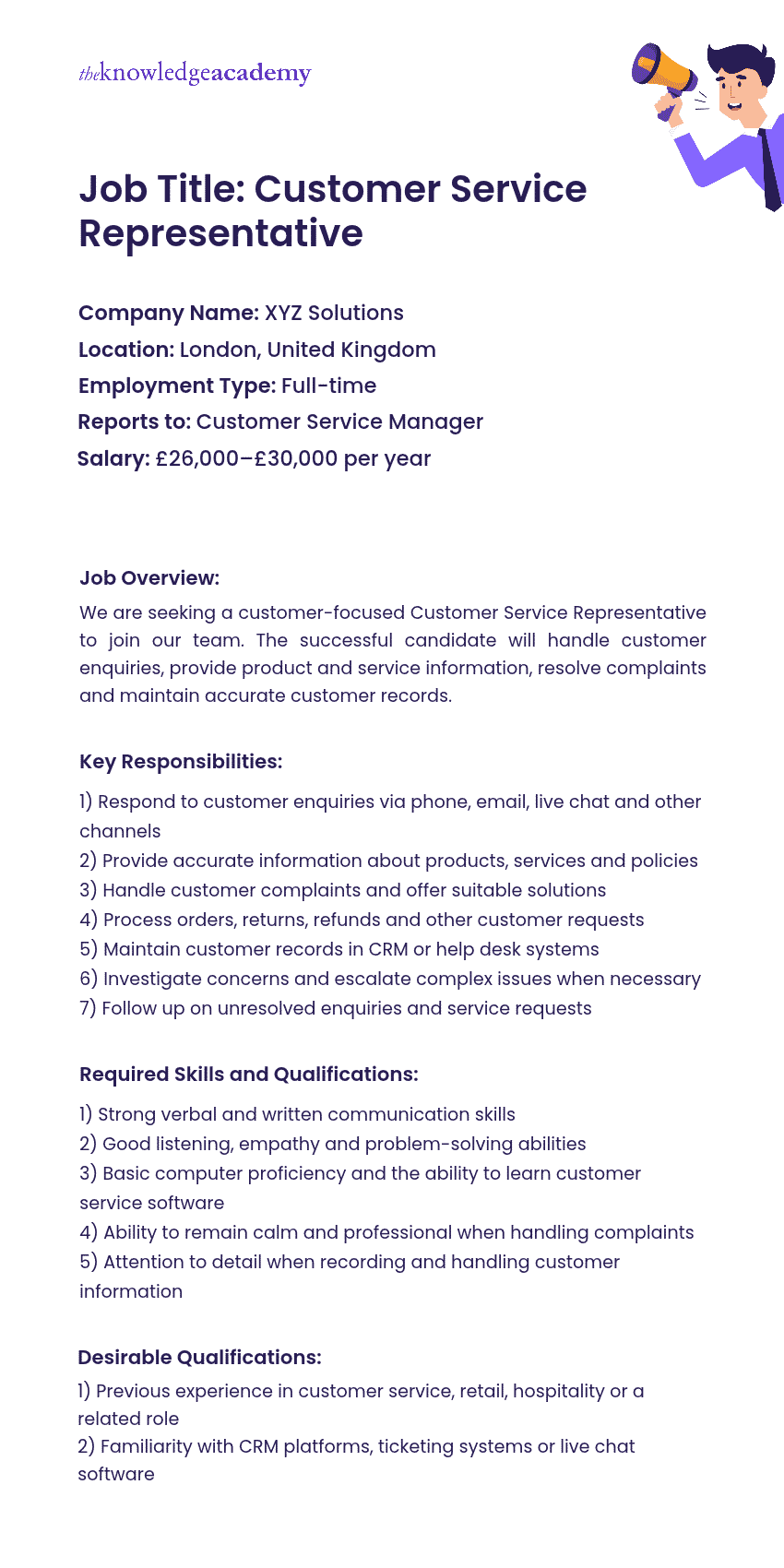 Example of Customer Service Representative Job Description Customer Service Representative Job Description Example