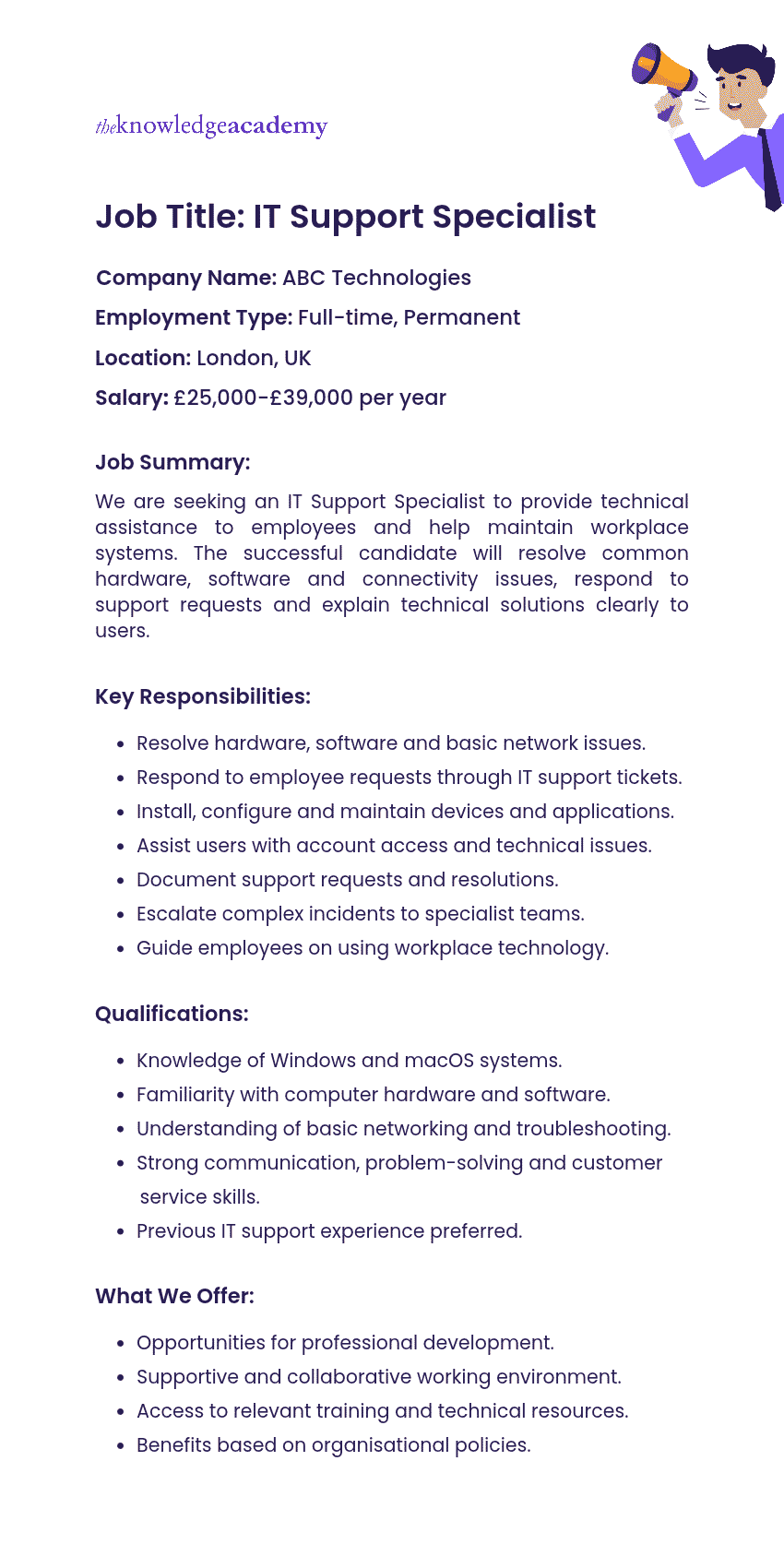 IT Support Specialist Job Description IT Support Specialist Job Description Example