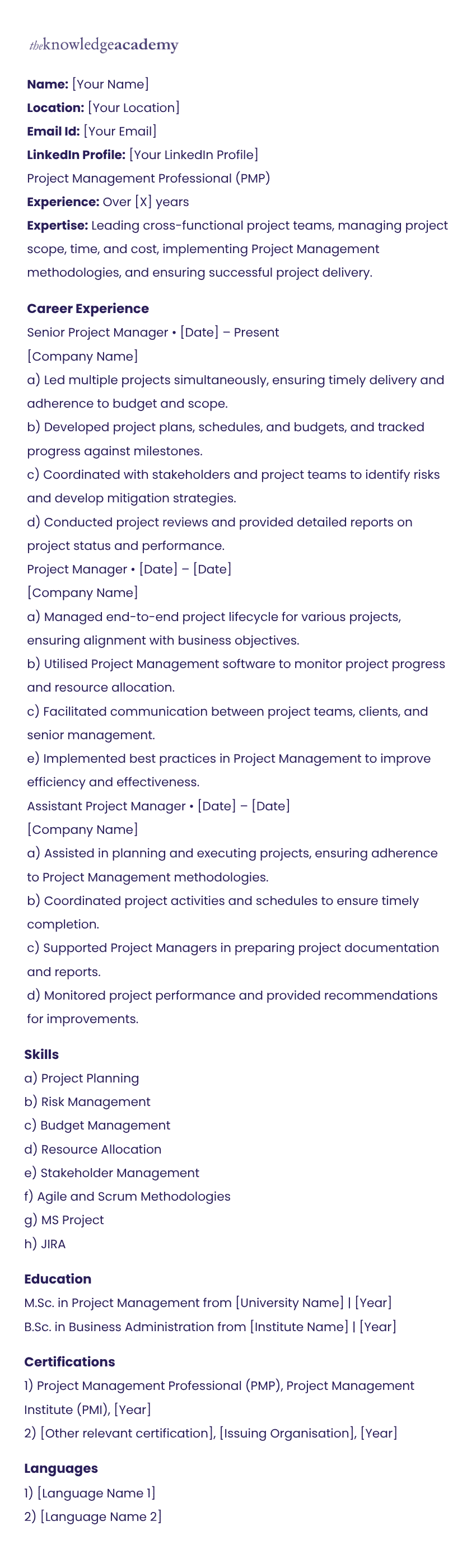 PMP Resume Template