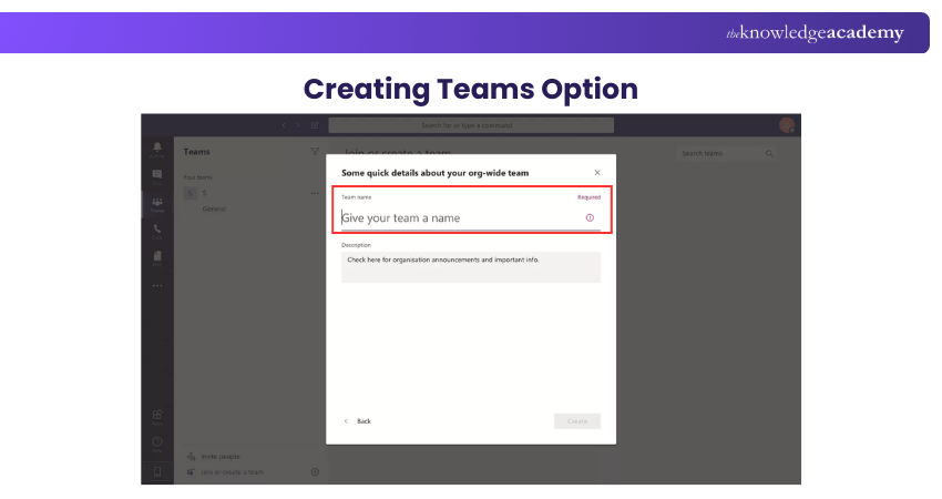 Creating Teams Option Creating Teams Option