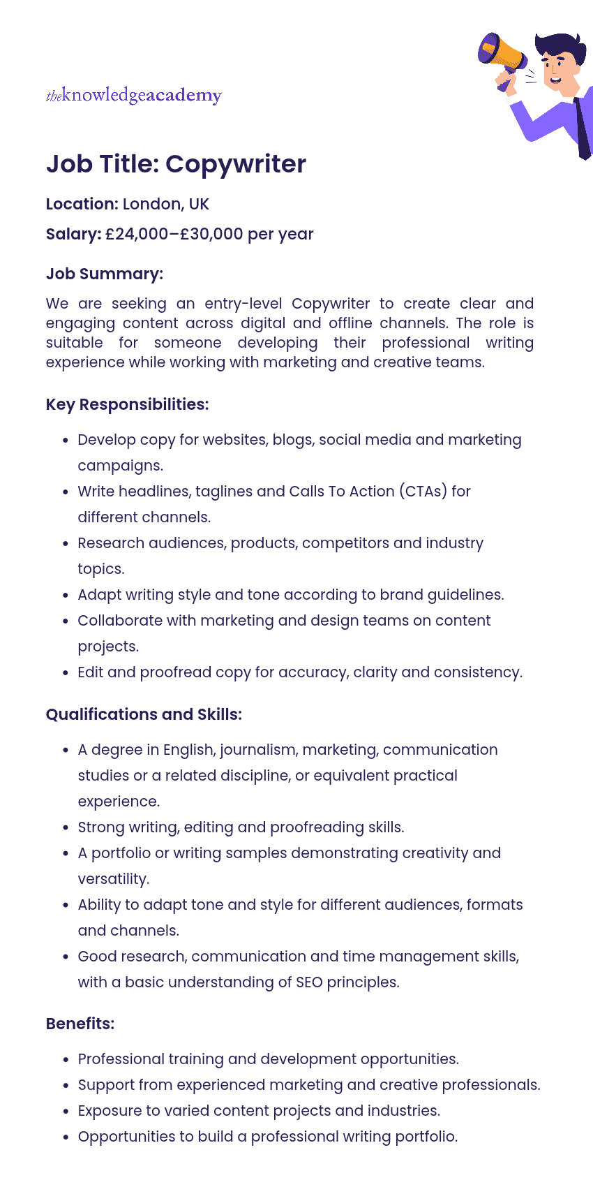 Entry-level Copywriter Job Description Example