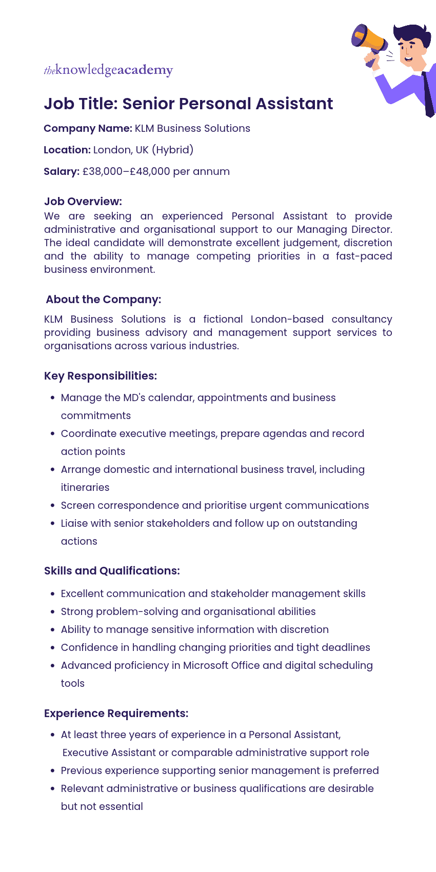 Senior Personal Assistant Job Description Example Example of Senior Personal Assistant Job Description