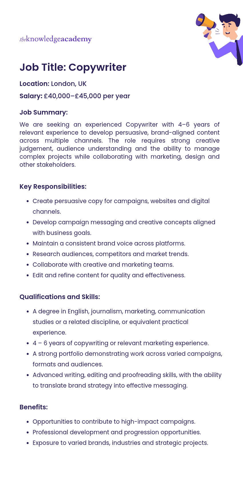 Experienced Copywriter Job Description Example