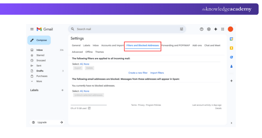 Open the Filters and Blocked Addresses Tab