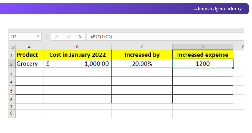 Decrease a Number by Percentage Using the Percentage Formula in Excel Sheet 