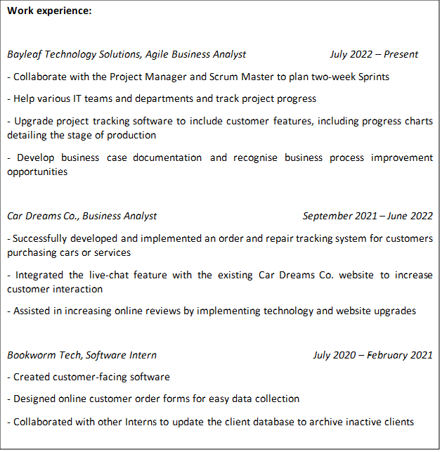 Agile Business Analyst Resume Work experience section