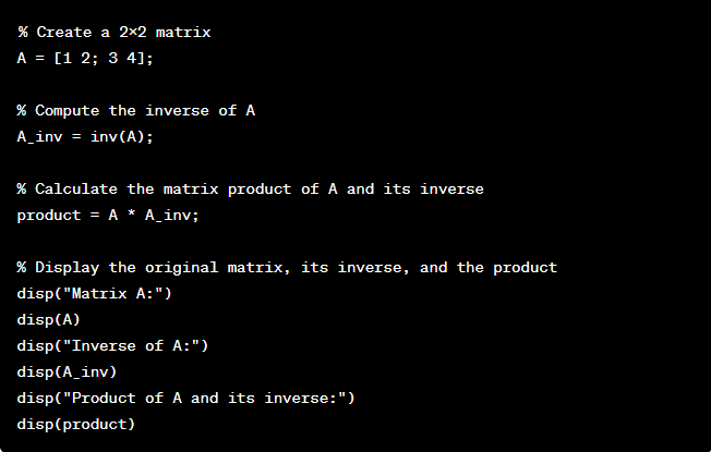 An example of MATLAB Commands for matrix