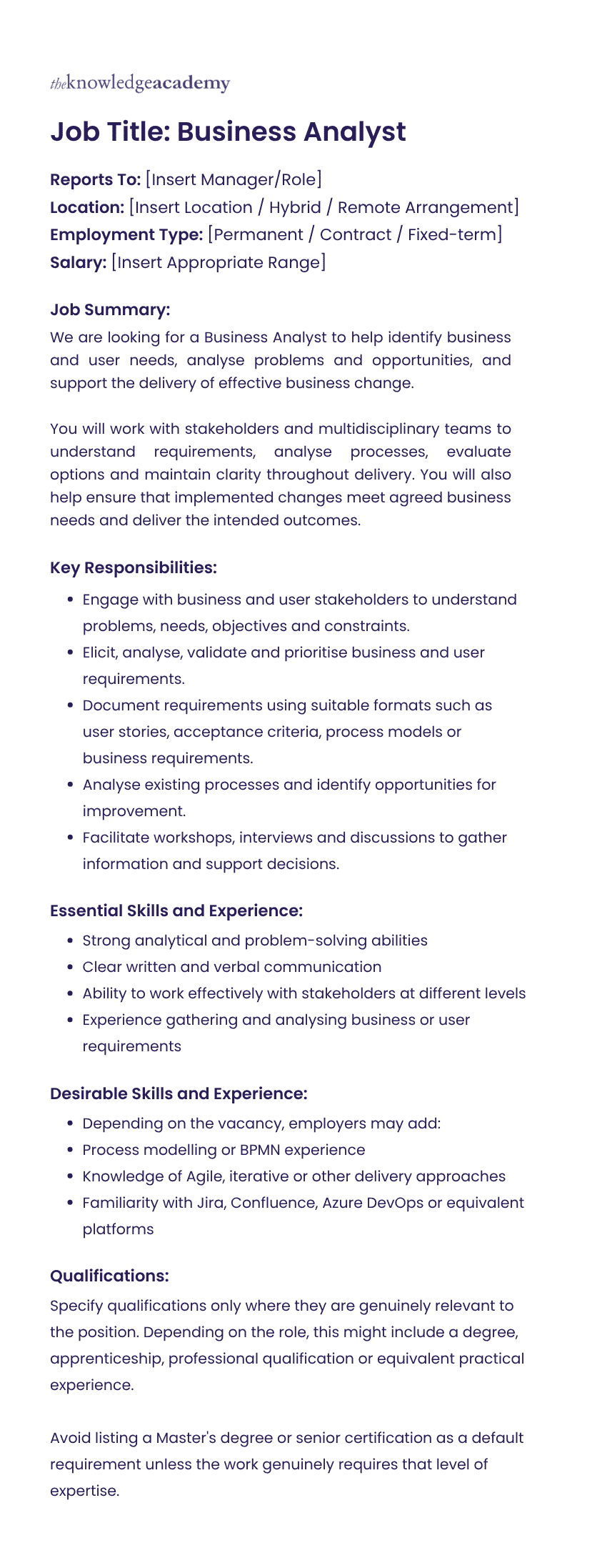 Business Analyst Job Description Template Business Analyst Job Description Template Example