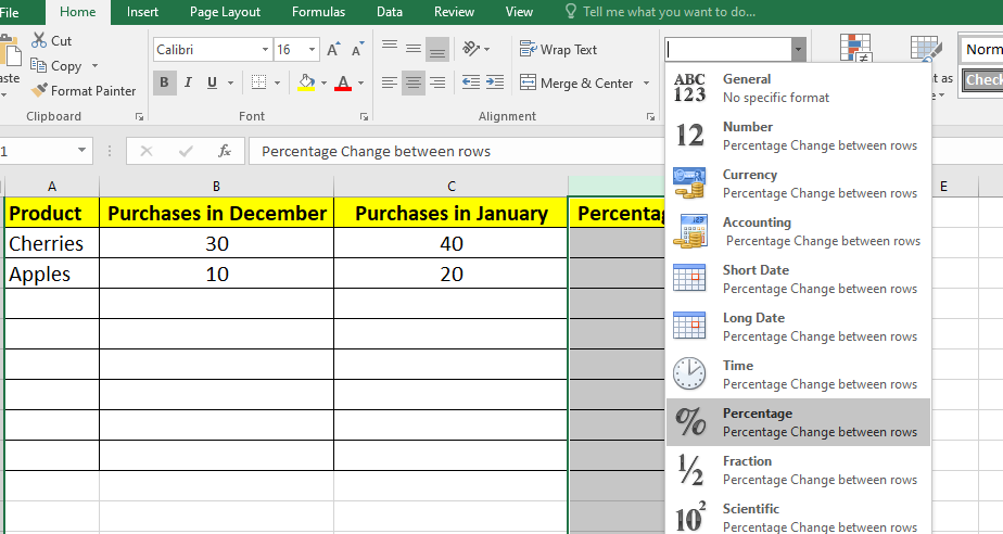 How to apply Percentage Formula in excel to find the difference between two number