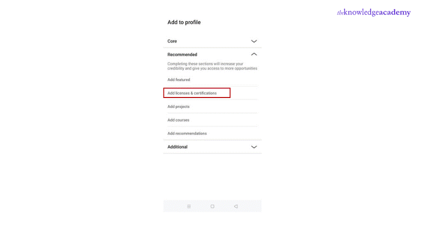 Clicking on the “Licenses & Certifications” Clicking on the “Licenses & Certifications” option