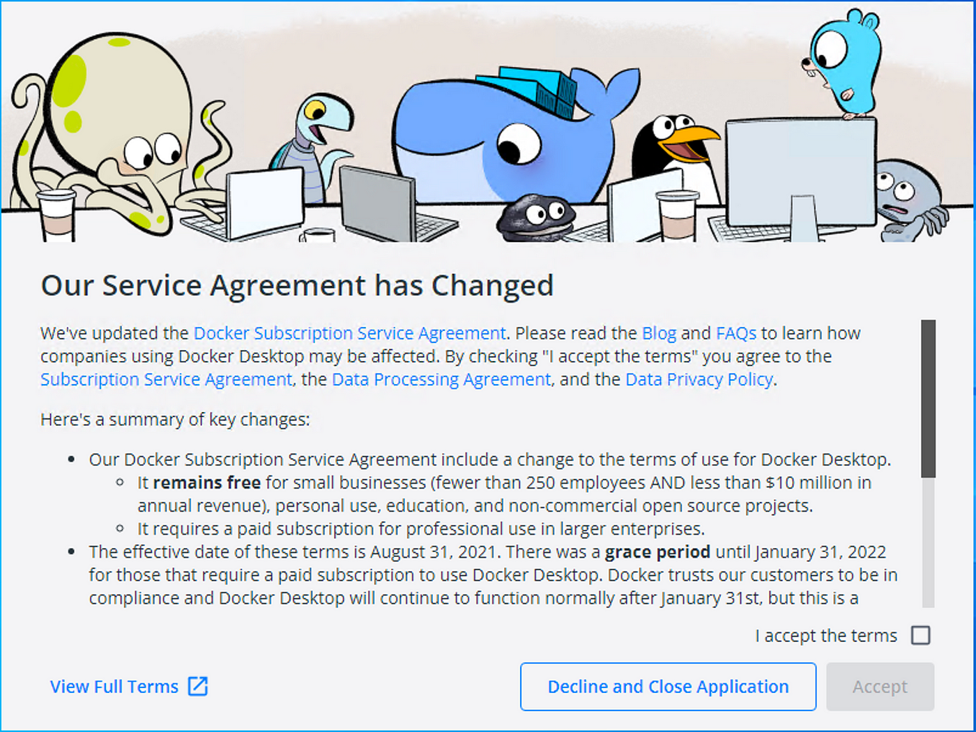 Docker user service agreement for Windows
