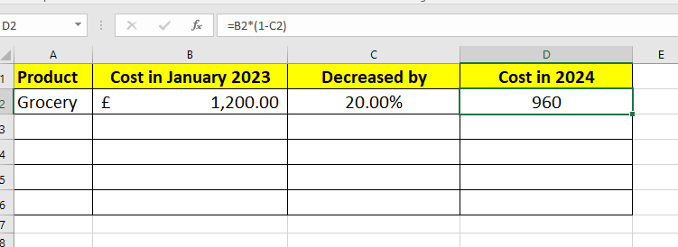 Decrease a number by Percentage using the Percentage Formula in excel sheet