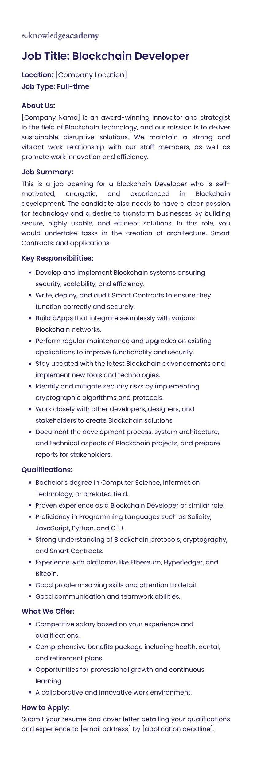 Example of a Blockchain Developer Job Description
