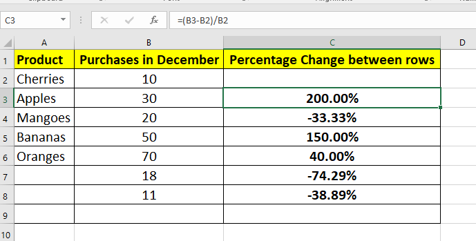 How to create a Percentage Formula in excel between two rows