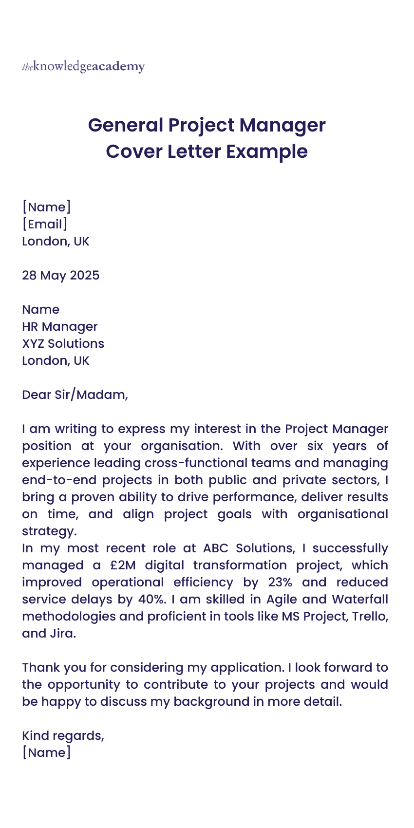 General Project Manager Cover Letter Example