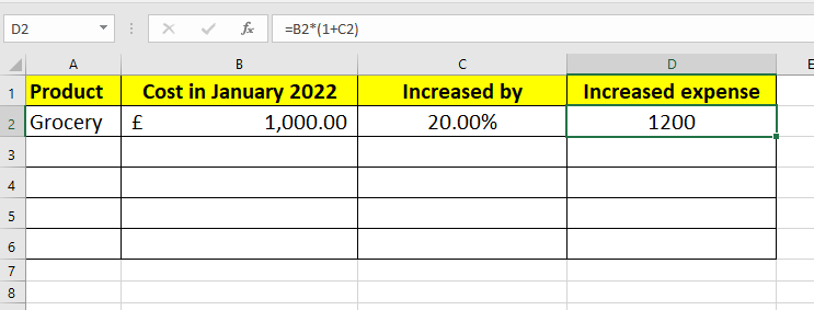 increase a number by Percentage using the Percentage Formula in excel