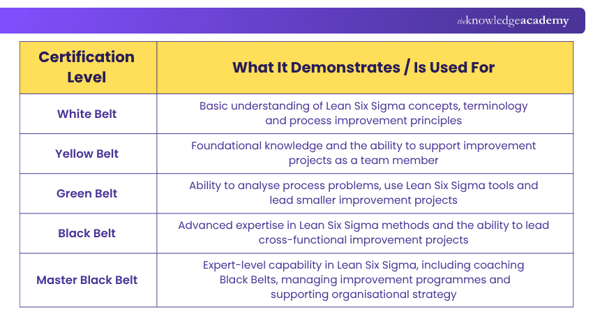 Lean Six Sigma Certification Levels Levels in Lean Six Sigma Certification Training