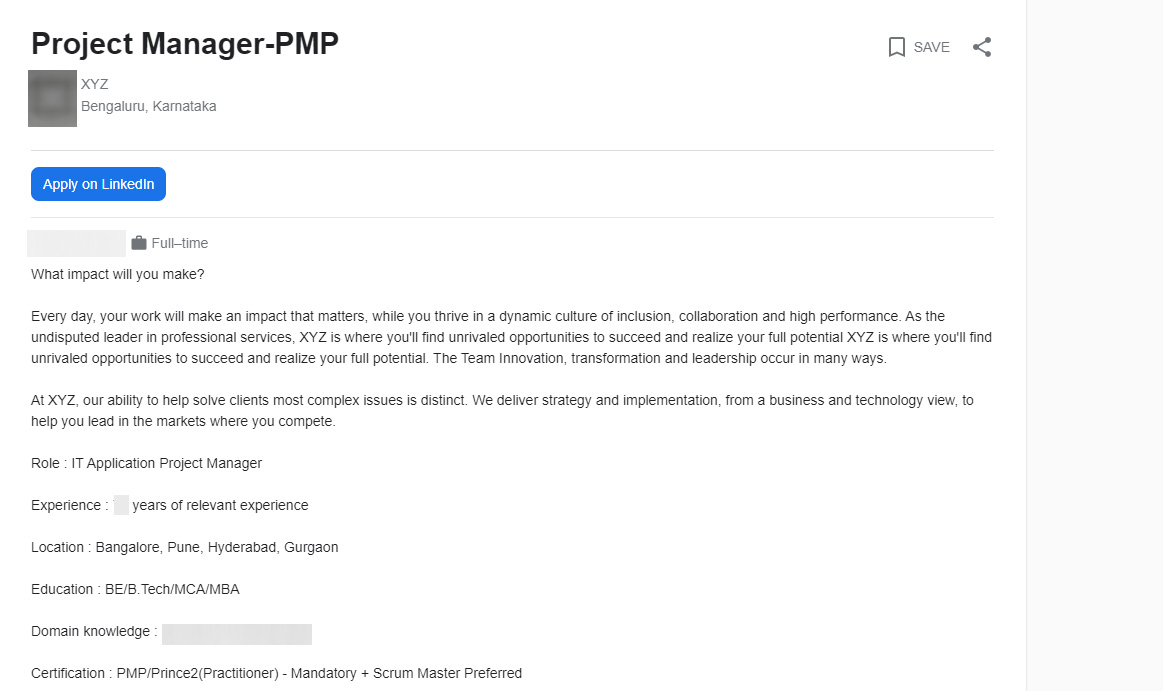PMP Project Manager Job description Templat