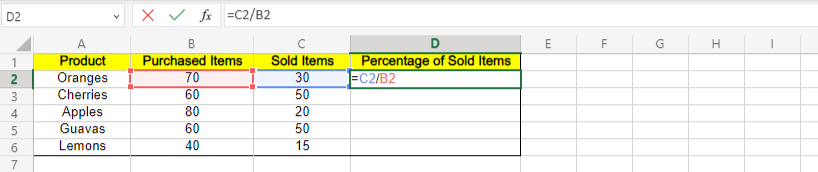 Percentage formula in Excel sheet