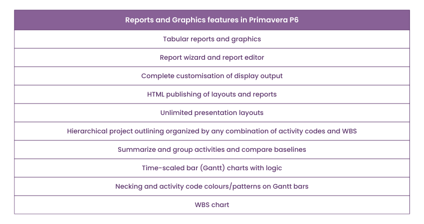 Primavera P6 Reports and Graphics features