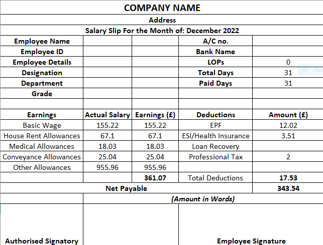 Salary Slip Format in Excel