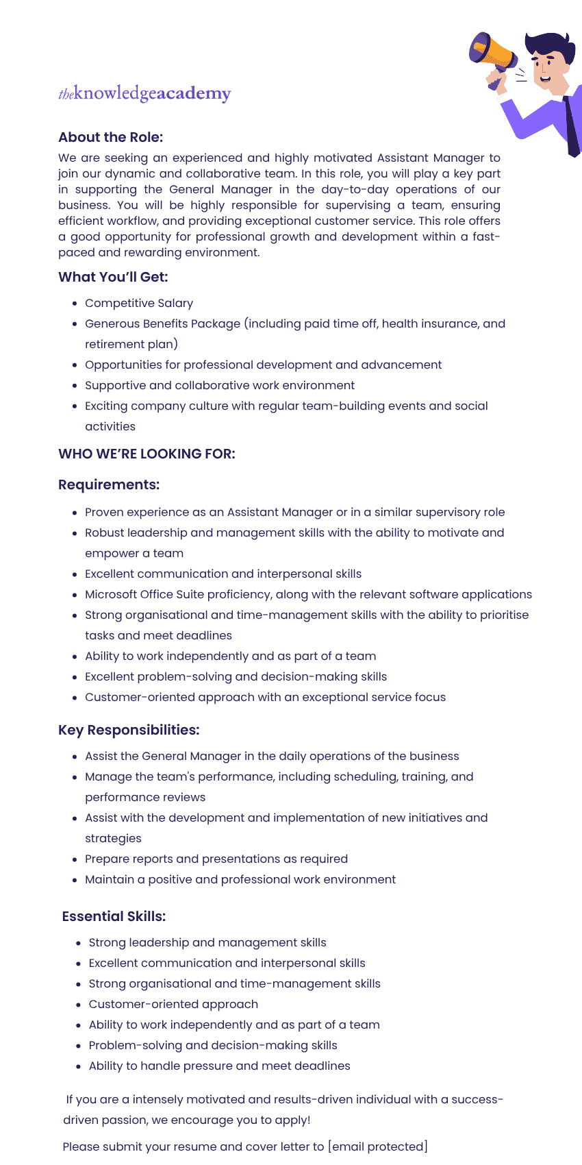 Sample Assistant Manager’s Job Description