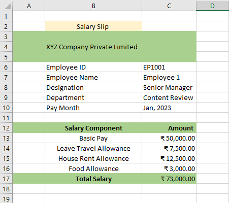 Sample salary slip of an Employee named Employee 1 working for an XYZ Company Private Limited    