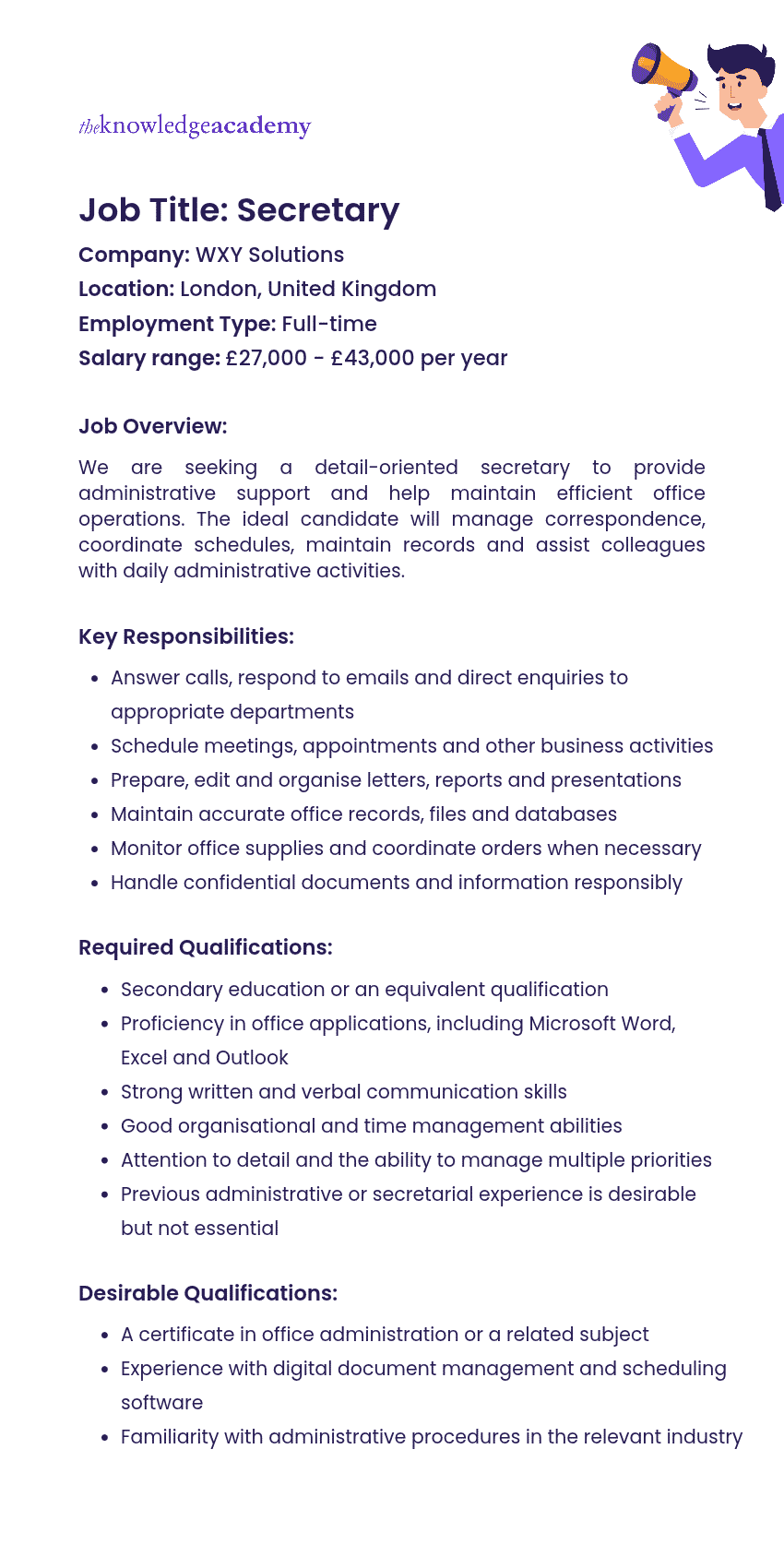 Template for Secretary Job Description Secretary Job Description Example