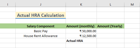 To calculate the actual HRA, we have two salary components Basic Pay and HRA on a monthly basis 