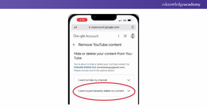 I want to permanently delete my content’ option on YouTube mobile
