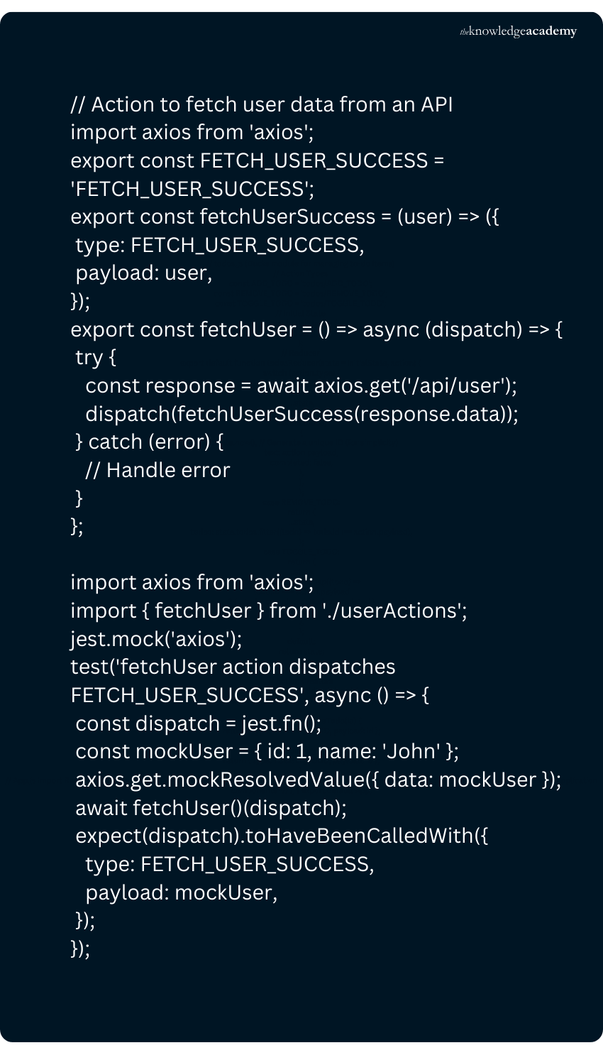 JavaScript Redux action and Jest unit test example for fetching user data from an API using Axios